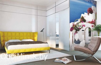 Фотообои Цветущий Санторини в интерьере спальни